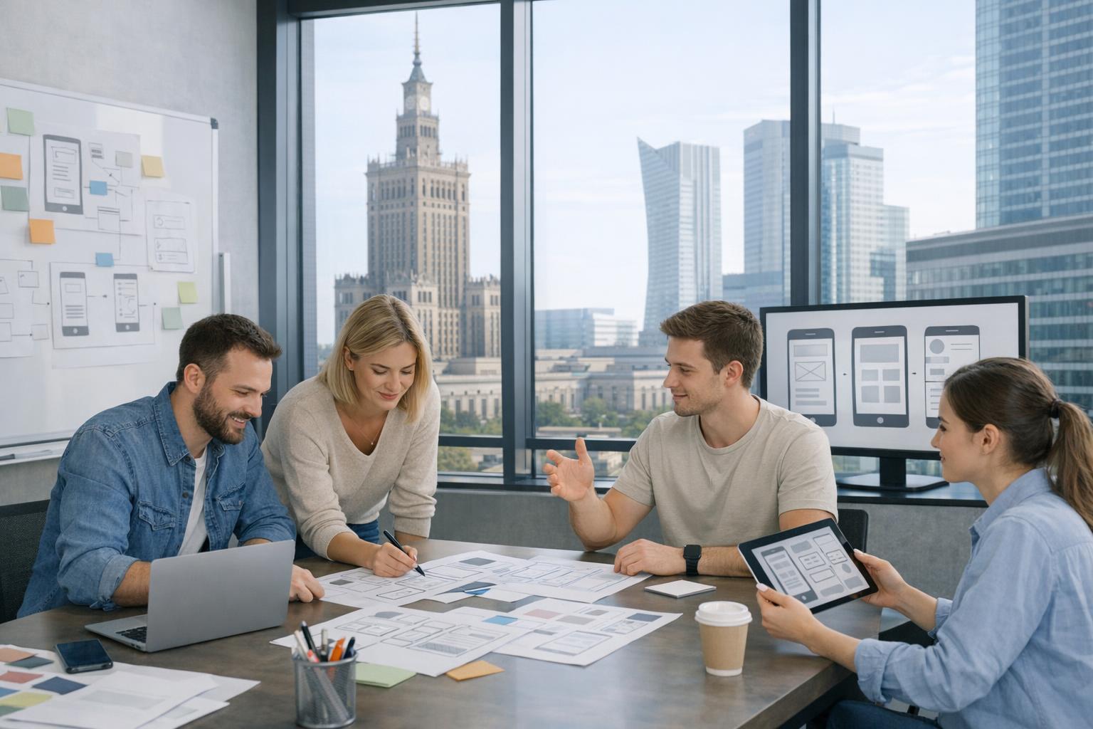 image: zesp%C3%B3%C5%82 projektant%C3%B3w pracuje nad interfejsem w nowoczesnym biurze w Warszawie