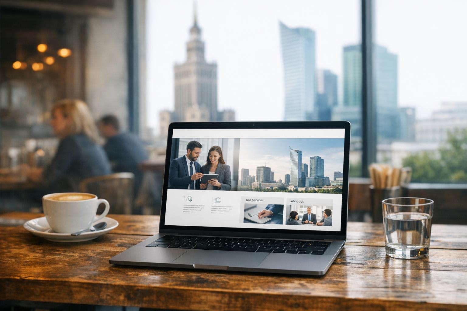 image: ekran laptopa z nowoczesn%C4%85 stron%C4%85 firmy prezentowany w kawiarni w Warszawie